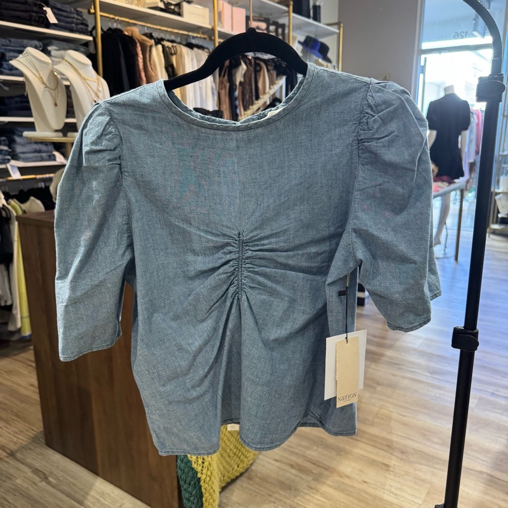 Nation LTD Denim Blue Ruched Blouse